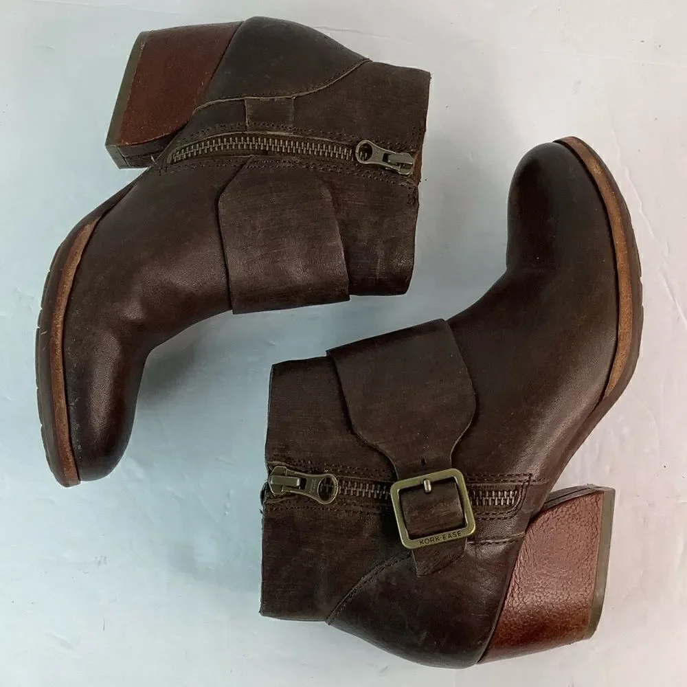 Kork-Ease Block Heel Round Toe Belted Ankle Brown Leather Ankle Booties Sz 6M